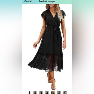 Casual Wrap V Neck Ruffle Cap Sleeveless Belt A-Line Pleated Hem Midi Large